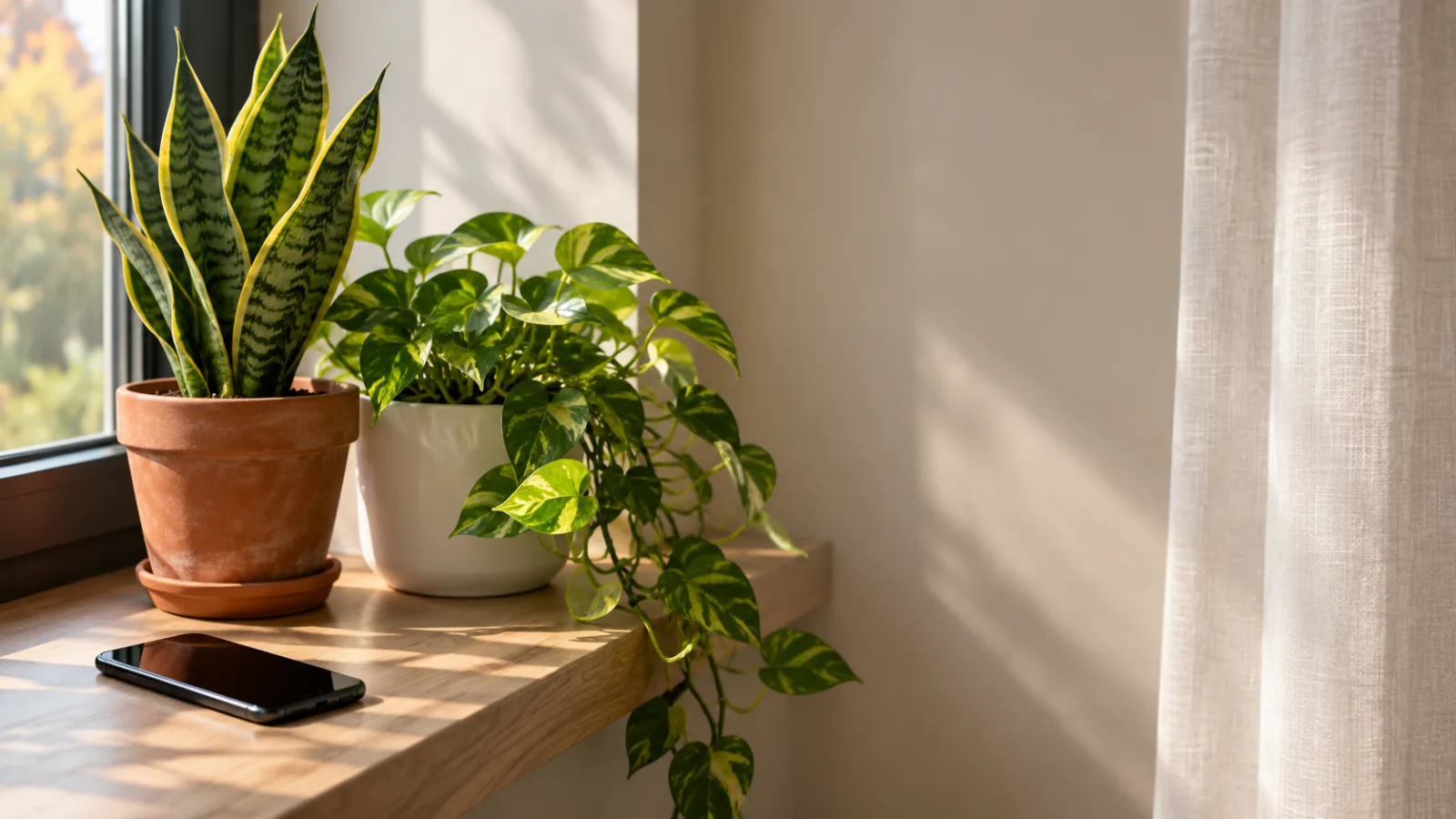 A smartphone lying face up on a light oak windowsill beside a snake plant in a terracotta pot and a trailing pothos in a white pot, soft morning light from the left - choosing the best plant care app for Android.