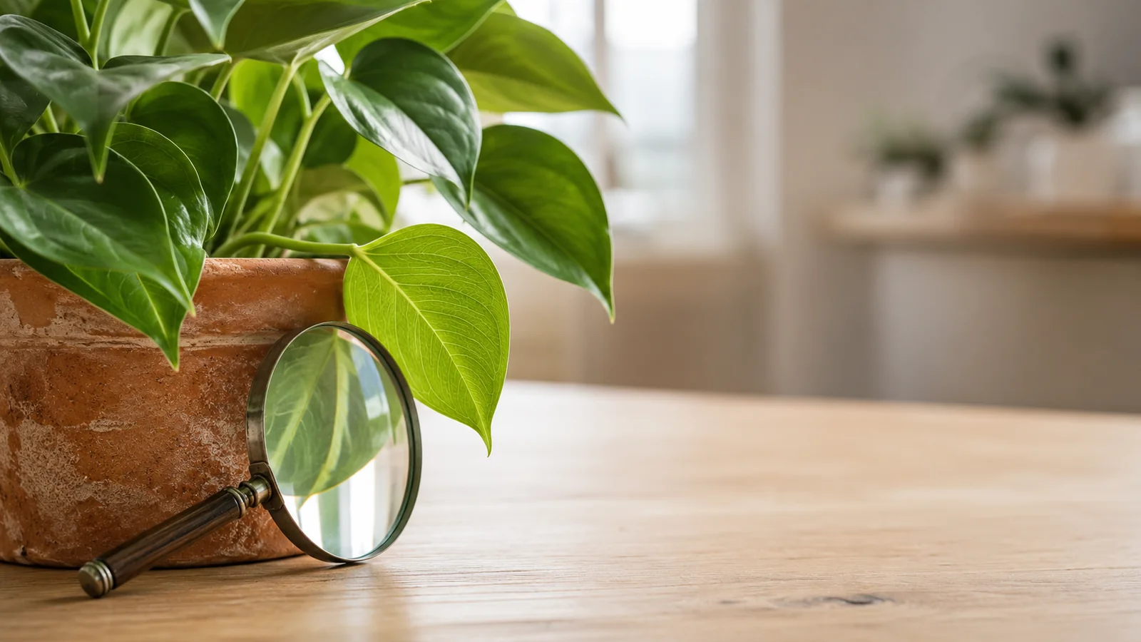 A healthy leafy houseplant in a weathered terracotta pot beside an antique magnifying glass on a sunlit wooden table, its lens enlarging one bright green leaf — inspecting a houseplant up close for the earliest signs of pests.