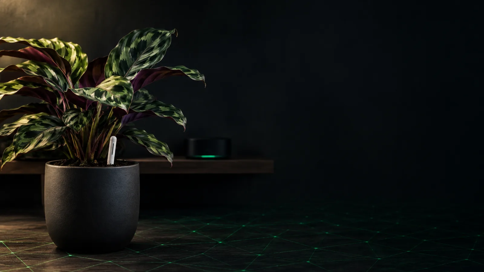 A slim white soil-moisture probe in the compost of a potted calathea, a small dark smart-home hub glowing softly on the shelf behind it - a plant sensor connected through Home Assistant.
