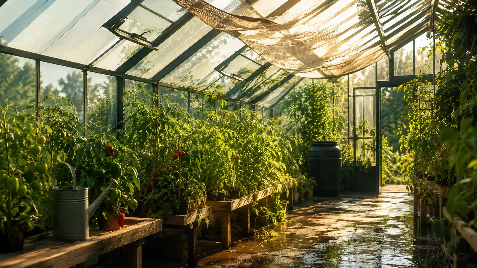 The interior of a glass greenhouse in a heat wave with roof vents and a door propped wide open, tomato and pepper plants under a draped shade cloth, and a damp watered floor between the staging — cooling a greenhouse during extreme heat.