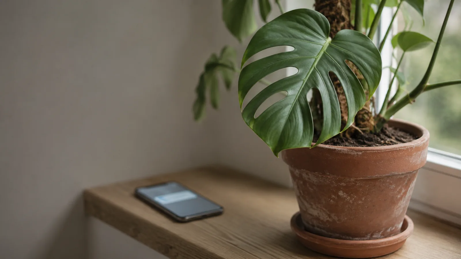 Monstera in a terracotta pot on a sunlit windowsill beside a smartphone — a Greg app alternative that models the individual plant, not just your city's weather.