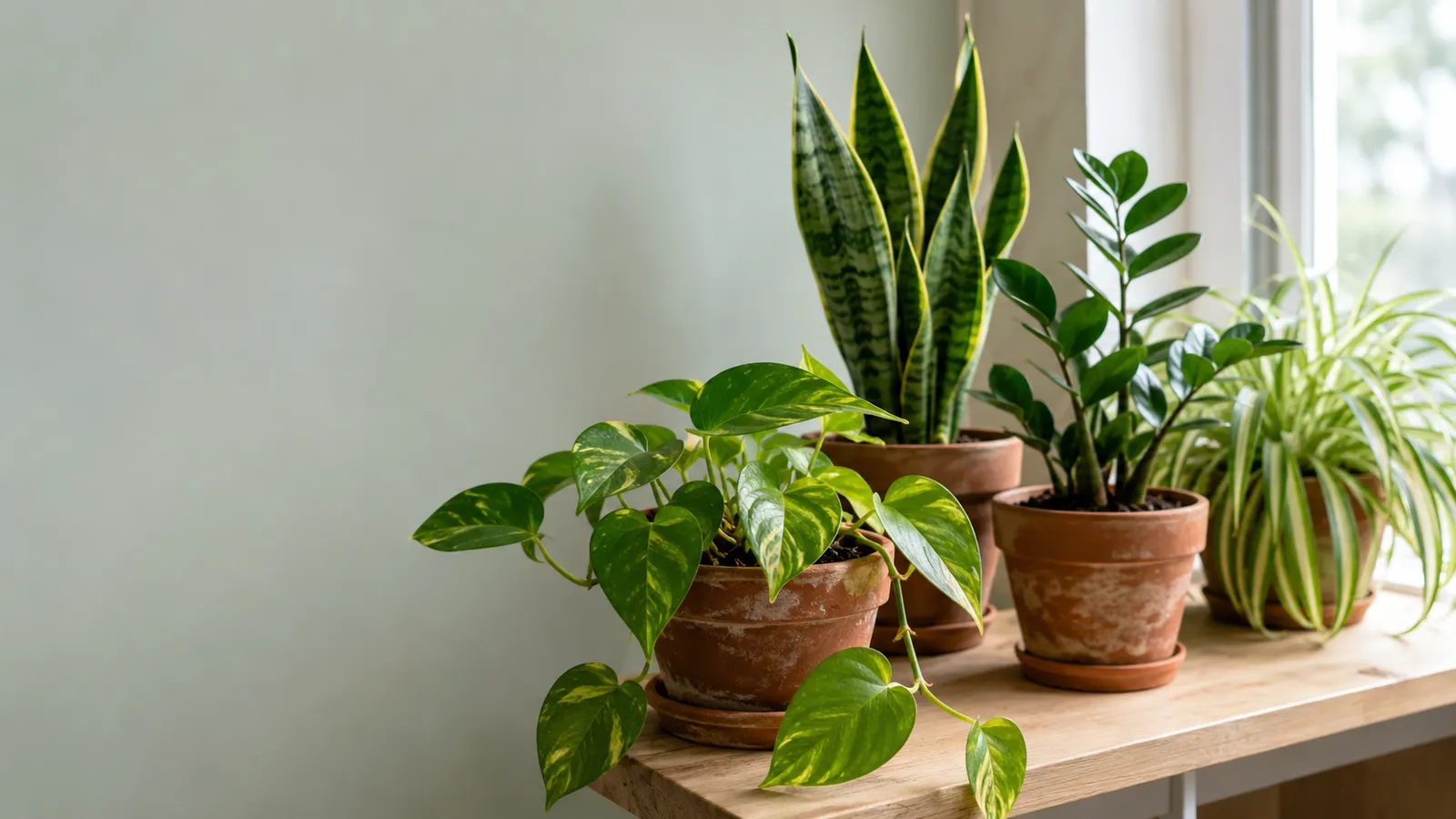Five easy beginner houseplants — golden pothos, snake plant, ZZ plant and spider plant — in terracotta pots on a sunlit wooden windowsill, the low-maintenance species new plant parents are most likely to keep alive.