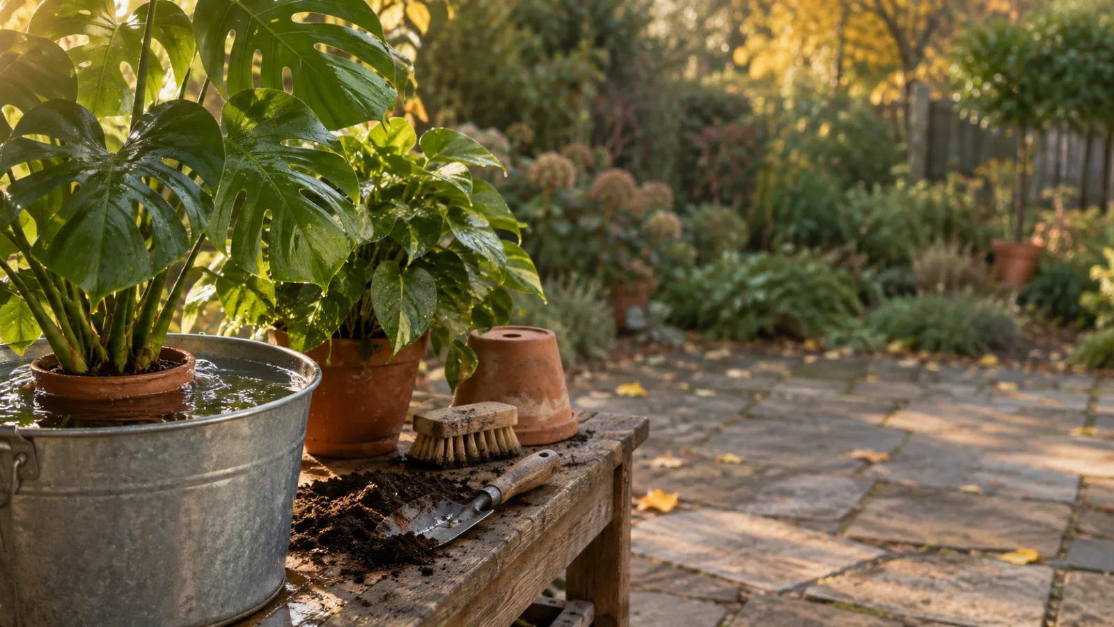A monstera in a terracotta pot soaking to its rim in a galvanised tub of water beside a freshly rinsed pothos, a scrubbing brush and a trowel on a wooden potting bench, on a stone patio in low autumn light — soaking and cleaning plants to remove bugs before bringing them inside.