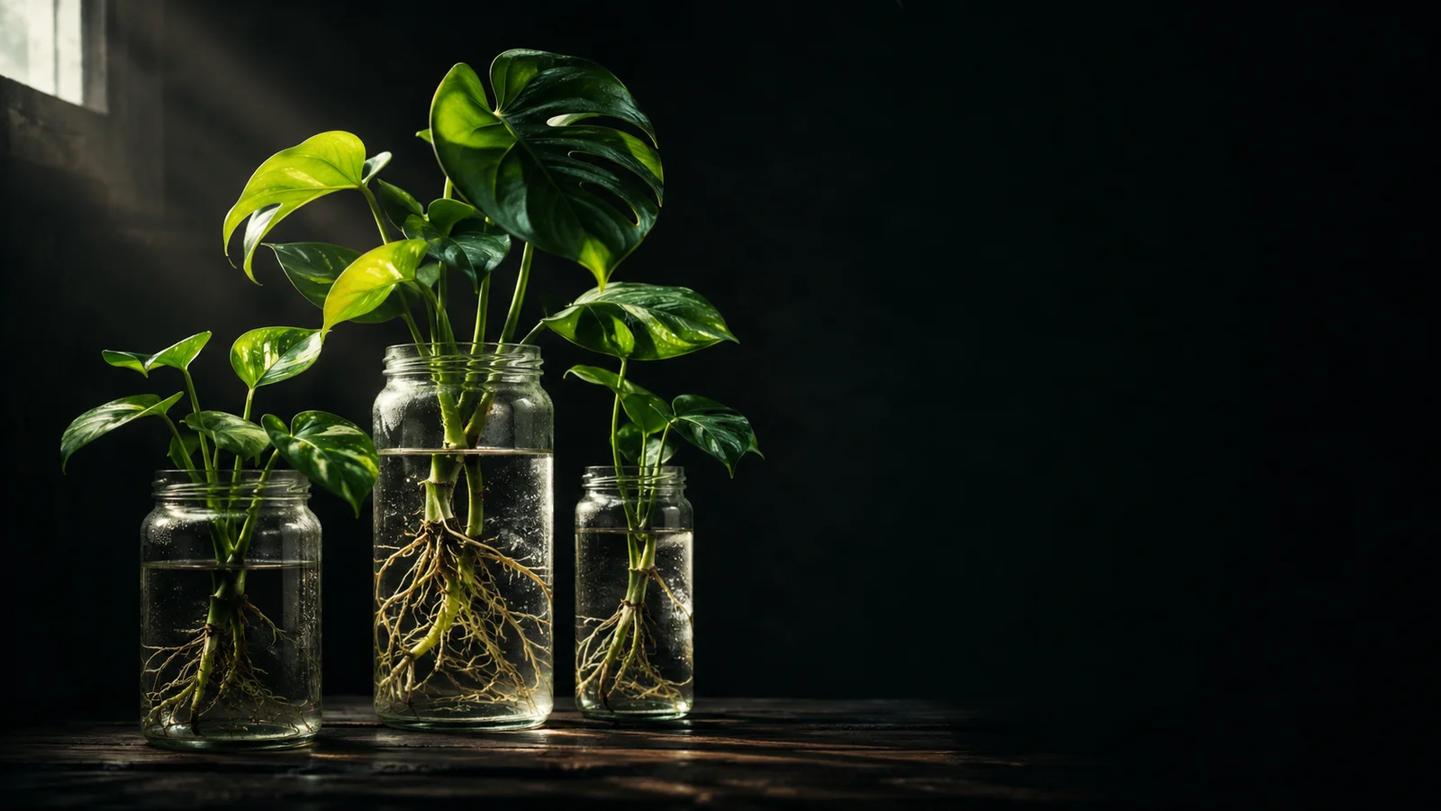 Three glass jars of pothos and monstera stem cuttings rooting in water on a dark table, white roots visible through the glass — water propagation, one of the methods for propagating houseplants.
