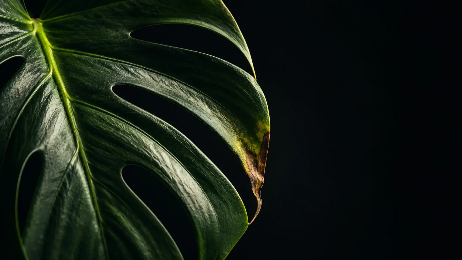 Close-up of a monstera leaf against black showing a yellowing patch and a browning, dying tip — the early visual health signs a houseplant gives days before it declines.