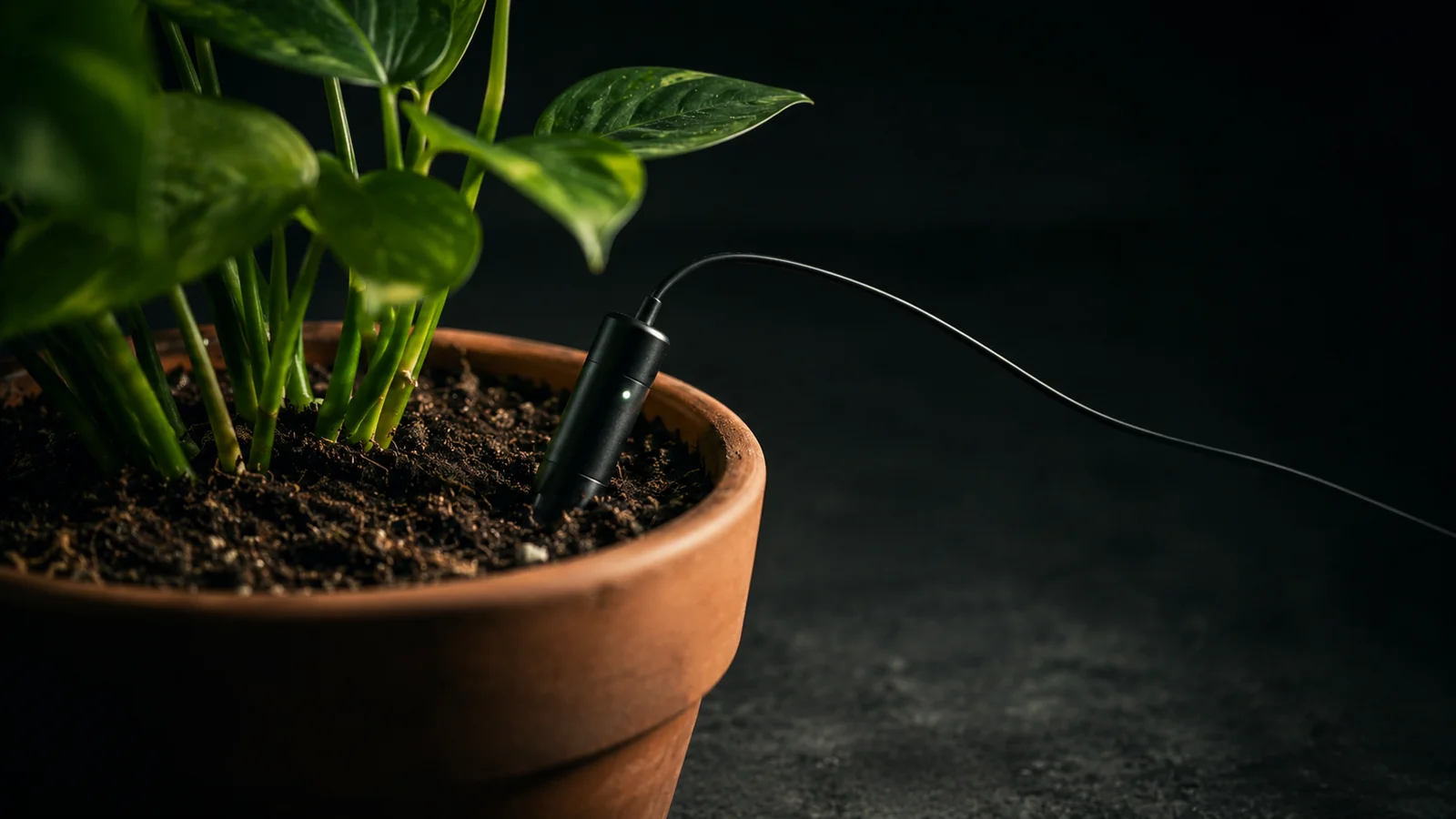 A black soil-moisture sensor probe pushed into the soil of a terracotta-potted pothos, a thin wire trailing away into the dark — a wired houseplant moisture sensor of the kind this guide reviews.