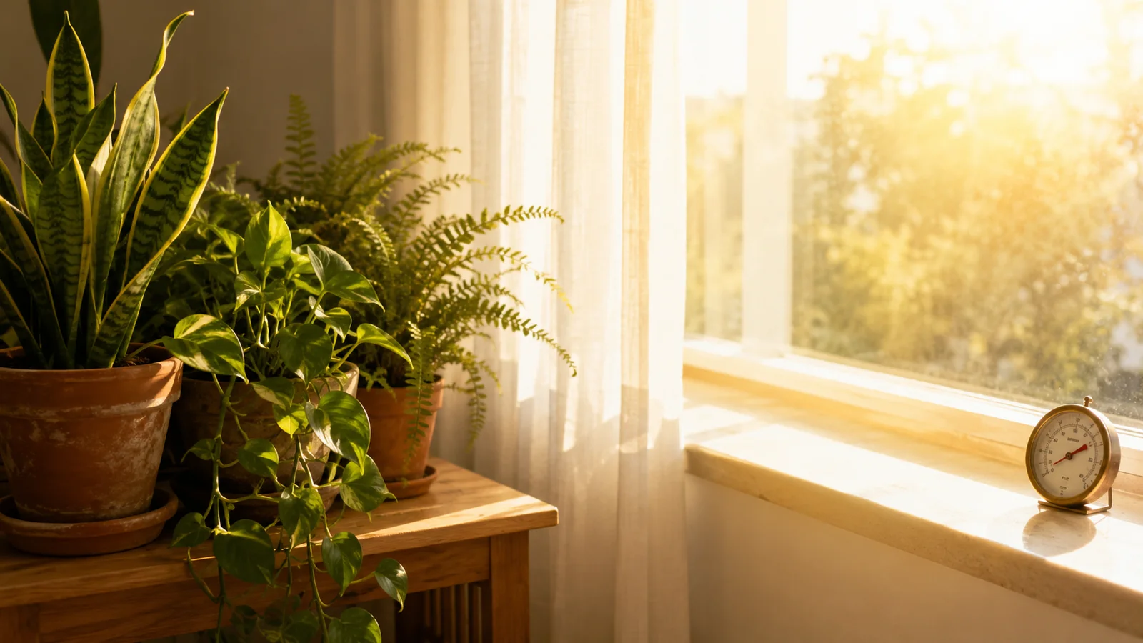 Houseplants in terracotta pots pulled back from a sun-drenched window, a hot golden sunbeam falling empty across the sill where they used to sit — protecting indoor plants from direct heat during a heat wave.