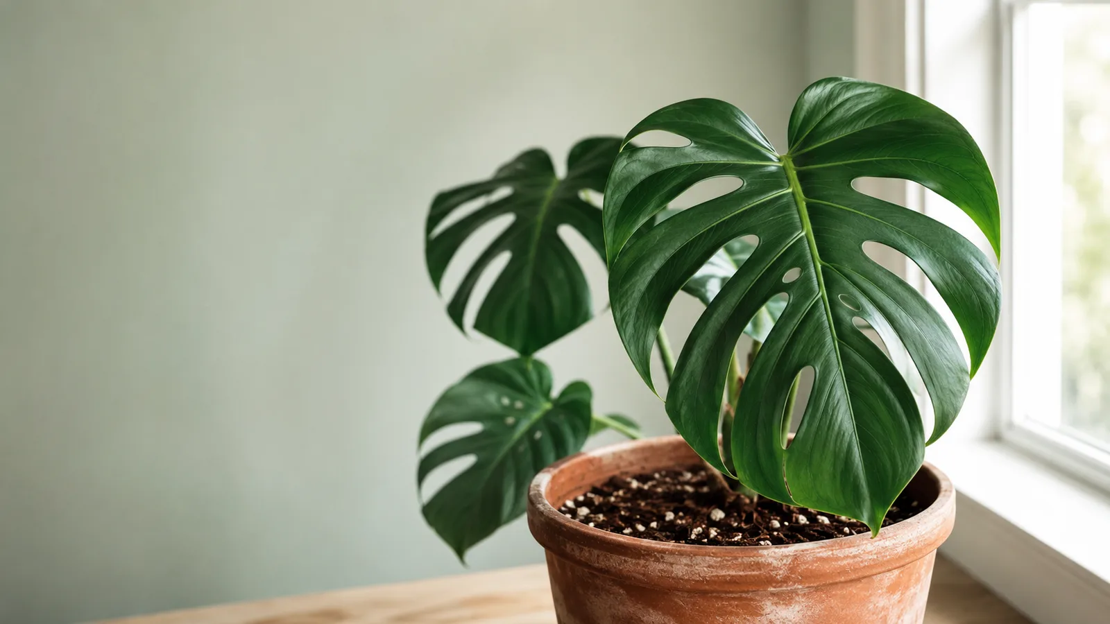 A young Monstera deliciosa with fenestrated split leaves in a weathered terracotta pot beside a bright window — the houseplant this Monstera care guide is written for.
