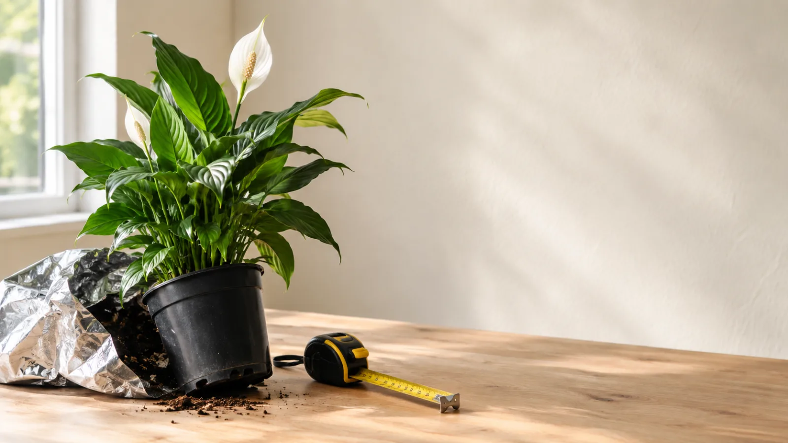 A newly bought peace lily in a black plastic nursery pot on a wooden table by a window, lifted out of its crumpled foil sleeve beside a tape measure - the checks to make on a new houseplant before watering or repotting.