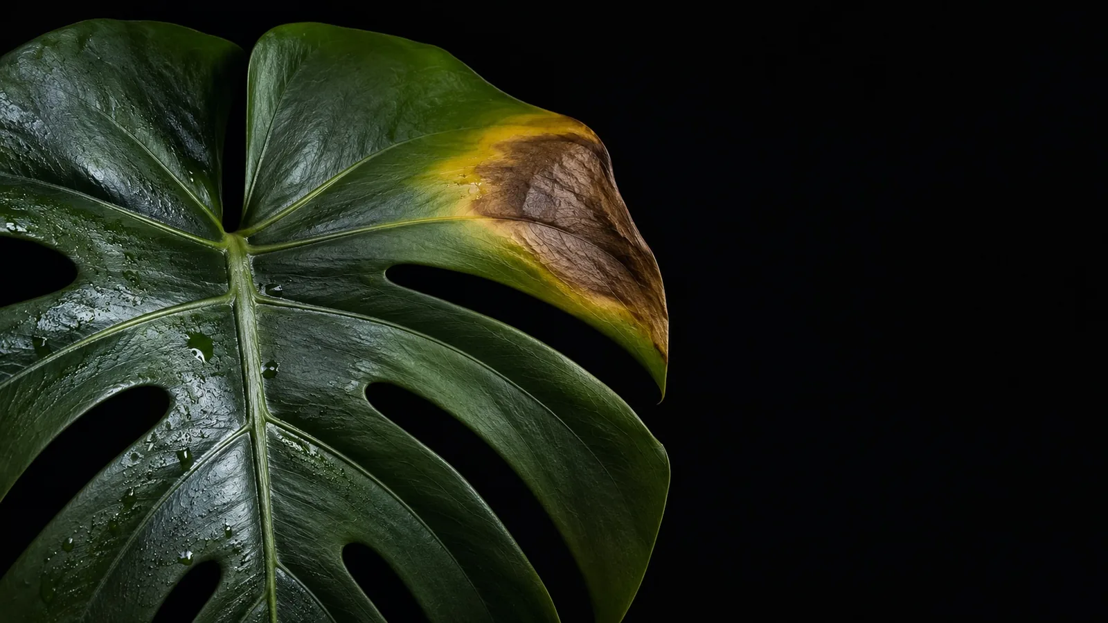 A glossy monstera leaf against black, beaded with water on its healthy green half while the tip yellows and turns crisp brown — the contrasting symptoms of overwatering versus underwatering on a single leaf.