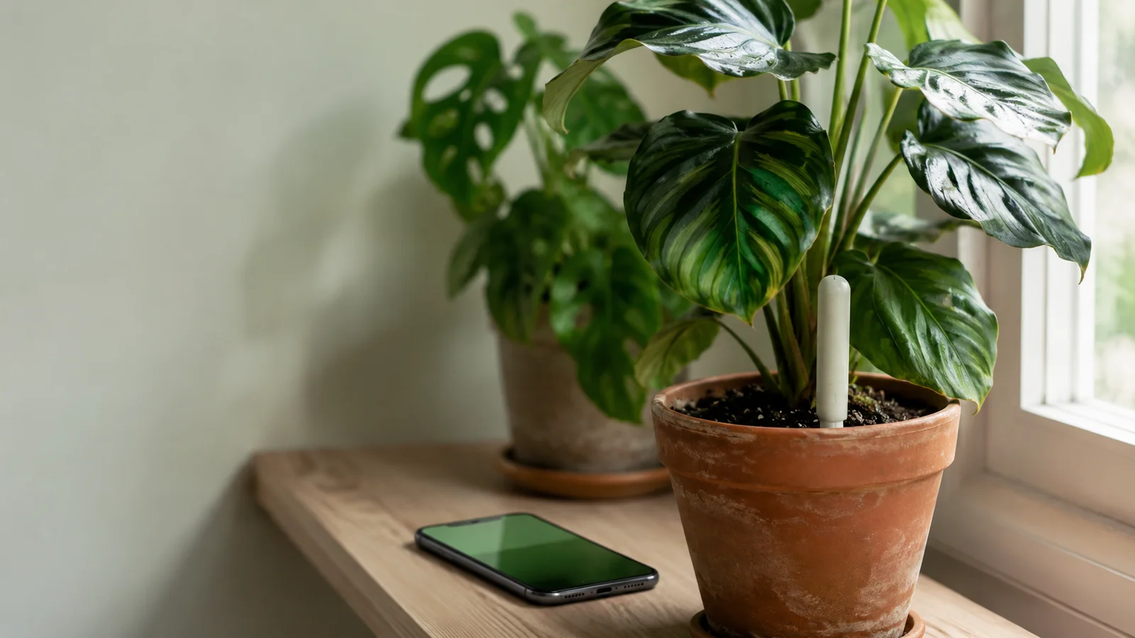 A potted Calathea on a wooden windowsill with a white wireless soil sensor in its soil and a smartphone resting beside it — a plant care app reading live data from a houseplant sensor.