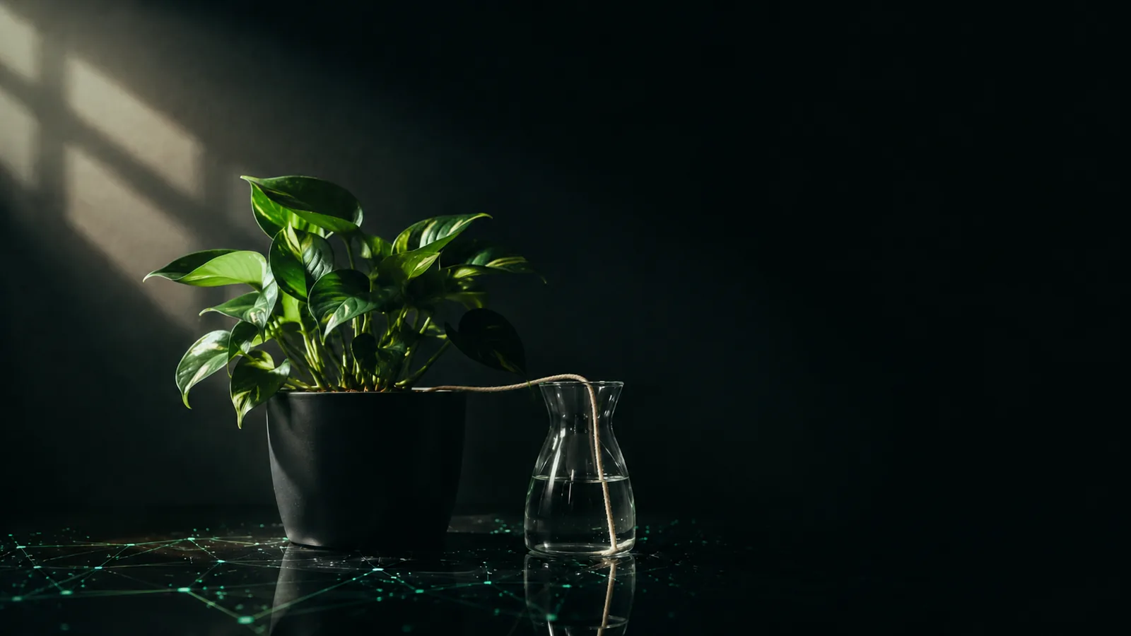 Potted pothos with a string wick drawing water from a glass jar — a DIY self-watering setup to keep houseplants alive while you're on vacation.