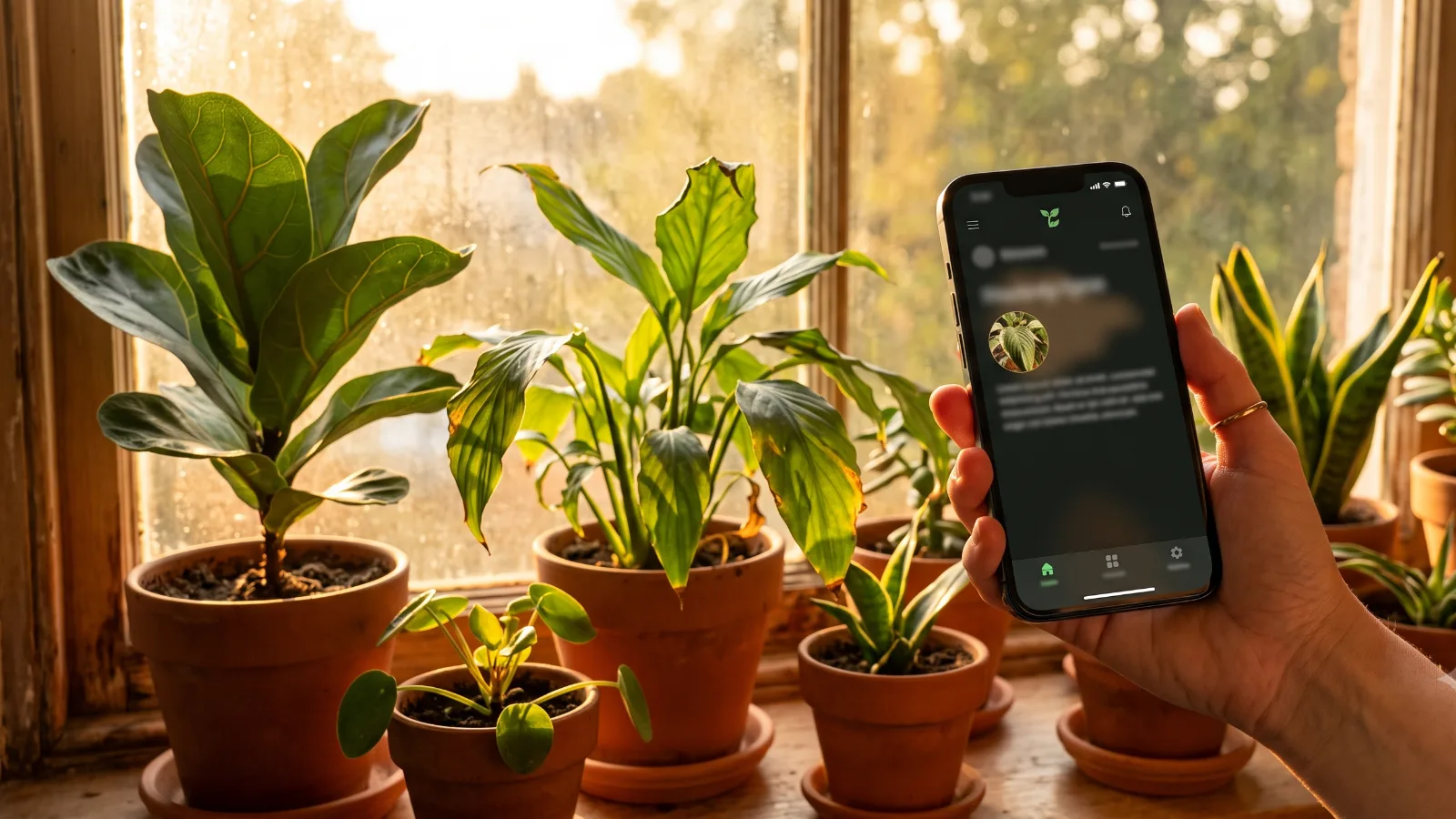 A phone held in front of a sun-baked windowsill of potted plants, its screen showing a heat-warning alert naming one specific plant at risk — an app monitoring plant heat stress against the forecast.