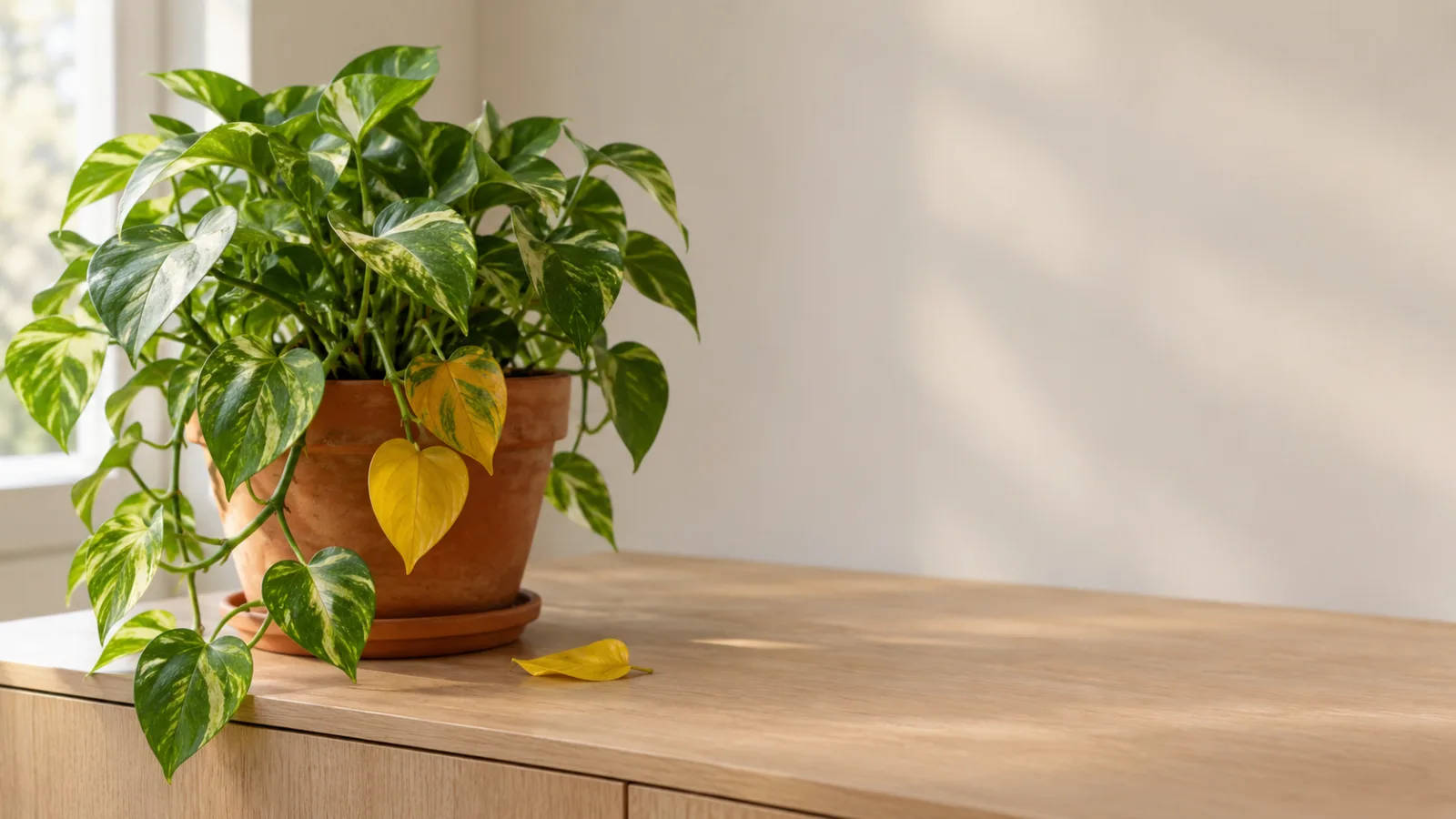 A variegated golden pothos in a terracotta pot and saucer on an oak sideboard beside a sunny window, one heart-shaped leaf turned fully yellow and another yellowing, with a fallen yellow leaf on the wood - why a houseplant's leaves turn yellow.