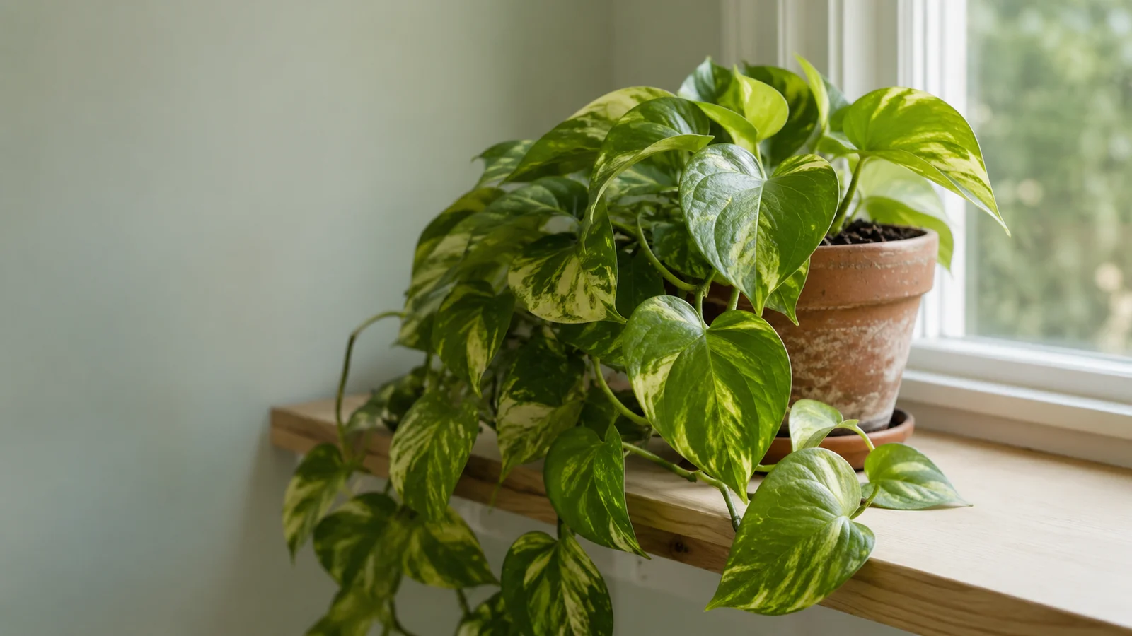 A lush golden pothos (Epipremnum aureum) with variegated heart-shaped leaves trailing over a weathered terracotta pot on a sunlit shelf — the trailing specimen this pothos care guide covers.