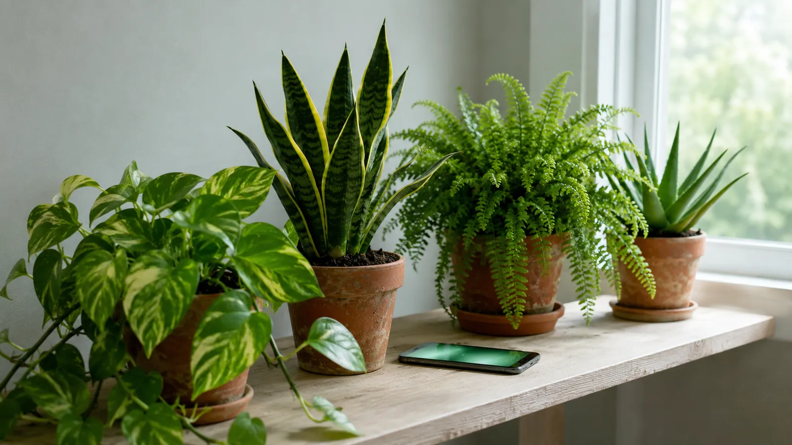 A monstera in a matte black pot on a dark reflective surface with water droplets falling and a faint glowing green data network spreading beneath it — predictive, simulation-driven plant care visualised.