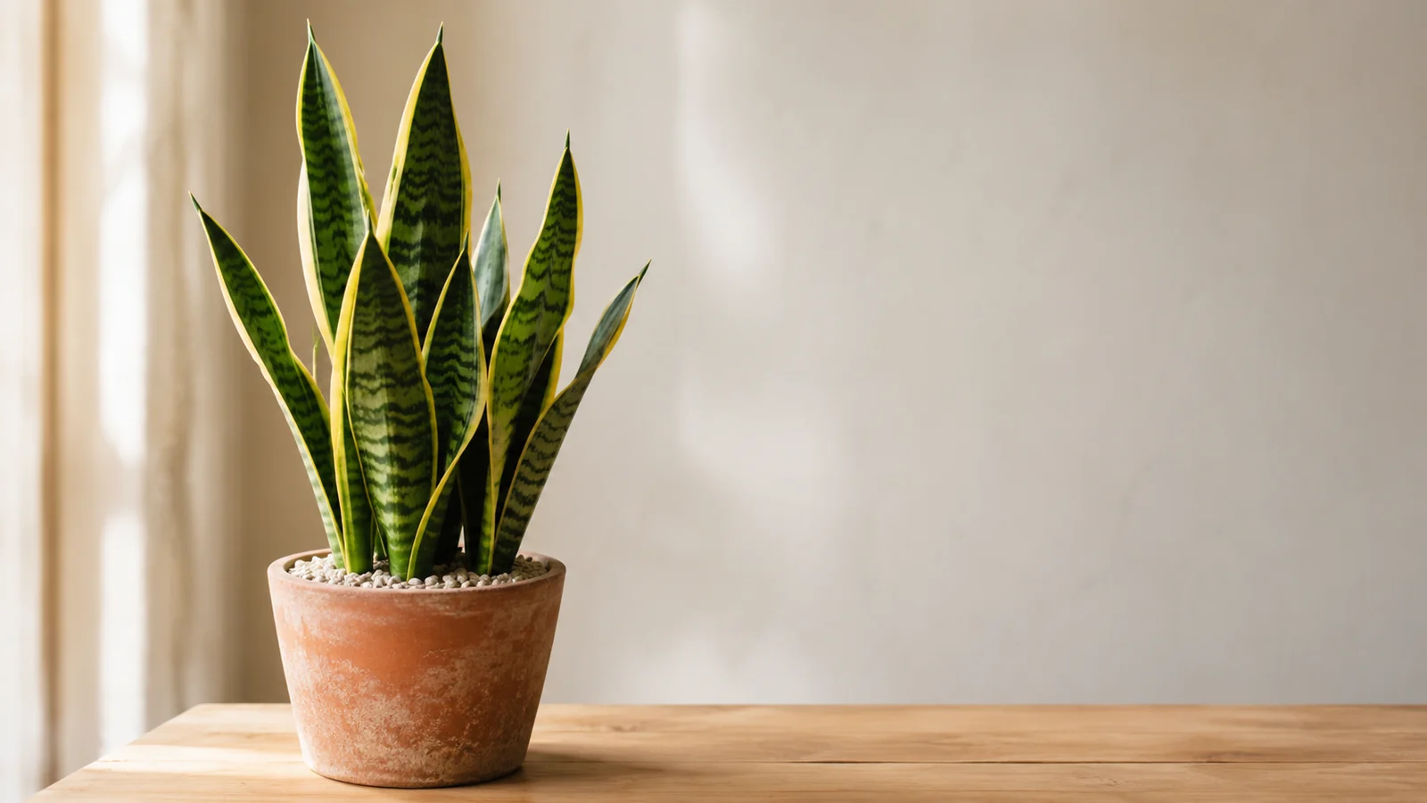 A snake plant (Dracaena trifasciata) with upright, yellow-edged green sword leaves in a weathered terracotta pot on a light wooden table, lit by soft window light against a plain wall, its gritty soil dry on top — a thriving, low-maintenance houseplant that rarely needs watering.