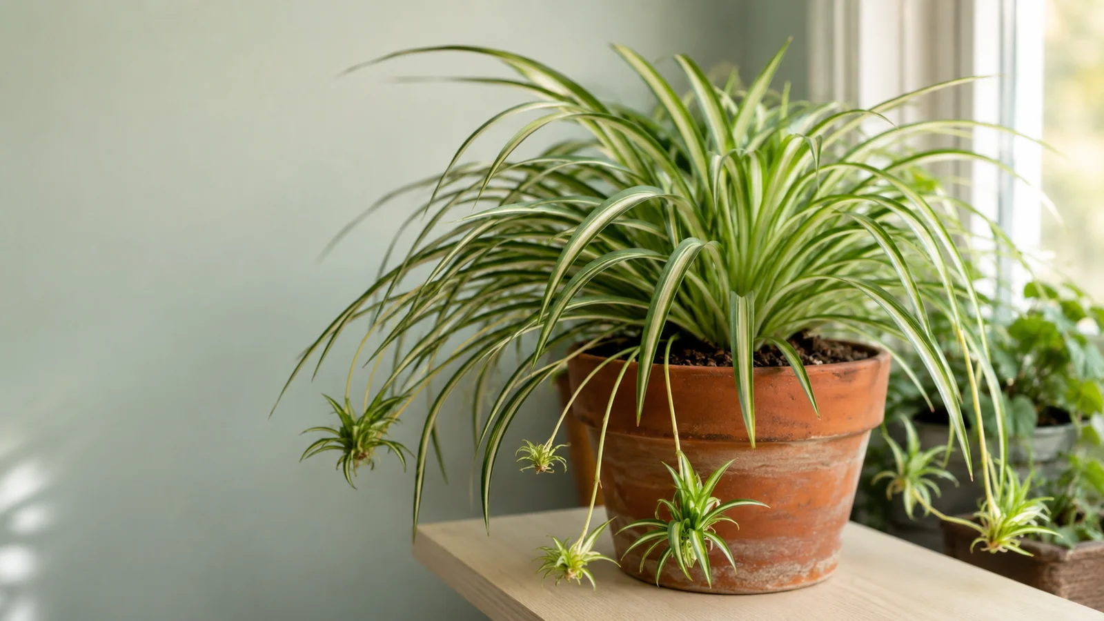 A lush spider plant (Chlorophytum comosum) with arching green-and-cream striped leaves in an aged terracotta pot on a pale wooden shelf, several long stems trailing over the edge carrying small plantlet 'babies', lit by soft morning window light against a muted near-white wall.