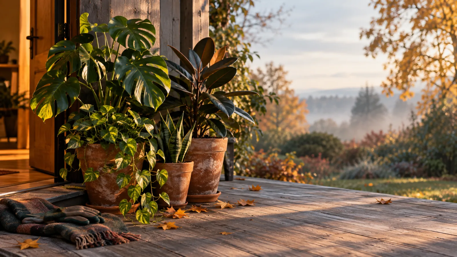 Terracotta pots of tropical houseplants gathered on a wooden porch beside an open door in low autumn light, fallen leaves on the boards — bringing plants inside for fall before the nights turn cold.