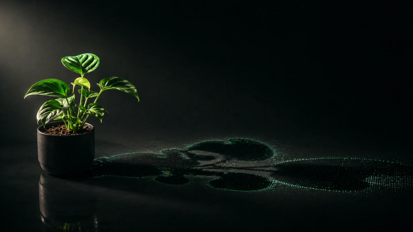Potted houseplant on a dark surface casting a glowing green data shadow — a PictureThis alternative that goes beyond plant ID to model each specimen over time.
